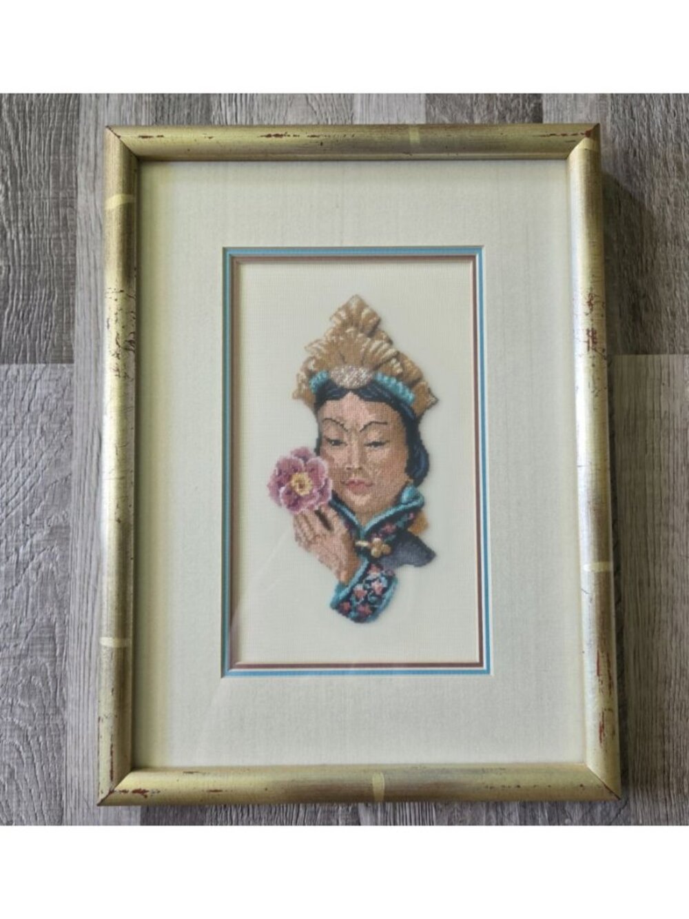 Vintage Asian Empress Cross Stitch Needlepoint Art Custom Framed Gold Wood 1980s